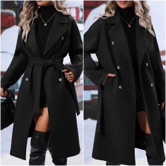 Solid Wide Collar Pockets Belted Minimalist Jacket Coat - Picture 1 of 9